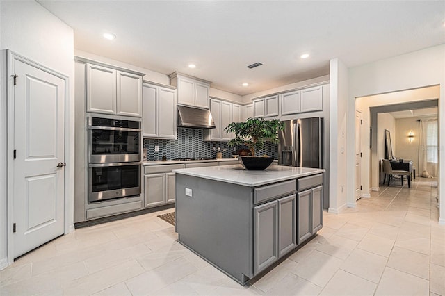 33774 Castaway Loop, Wesley Chapel, FL 33543 - kitchen featuring stainless steel appliances, gray cabinetry, under cabinet range hood, decorative backsplash, and light countertops