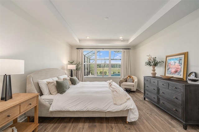 33774 Castaway Loop, Wesley Chapel, FL 33543 - bedroom featuring wood finished floors, a raised ceiling, recessed lighting, and baseboards