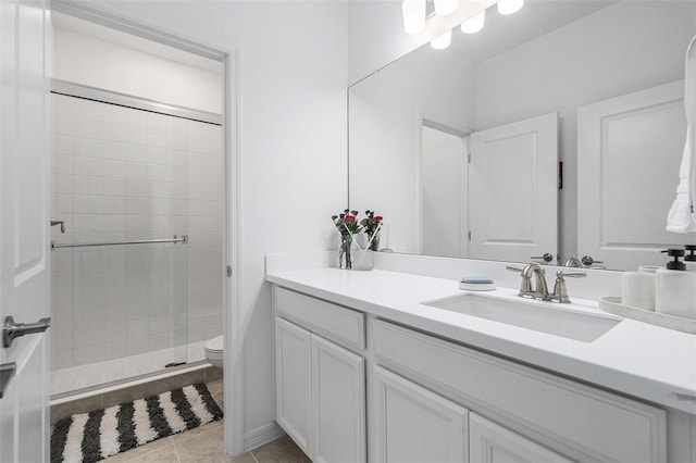33774 Castaway Loop, Wesley Chapel, FL 33543 - bathroom with vanity, a shower stall, toilet, and tile patterned floors