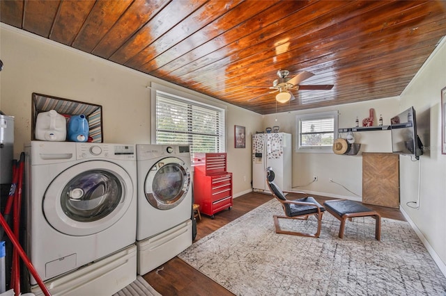 3217 Mott Rd, Dover, FL 33527 - laundry room with independent washer and dryer, wood ceiling, wood finished floors, ceiling fan, and baseboards