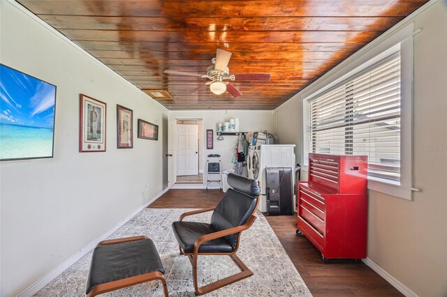 3217 Mott Rd, Dover, FL 33527 - office featuring wooden ceiling, ceiling fan, dark wood-style floors, and baseboards