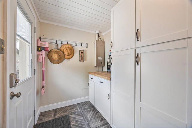 3217 Mott Rd, Dover, FL 33527 - mudroom featuring electric panel, baseboards, and wooden ceiling