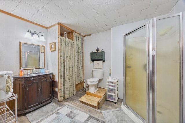 3217 Mott Rd, Dover, FL 33527 - full bath featuring a shower stall, wood finished floors, toilet, vanity, and crown molding
