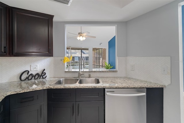 500 New York Ave Unit 23, Dunedin, FL 34698 - kitchen featuring stainless steel dishwasher, a sink, decorative backsplash, a ceiling fan, and dark brown cabinets