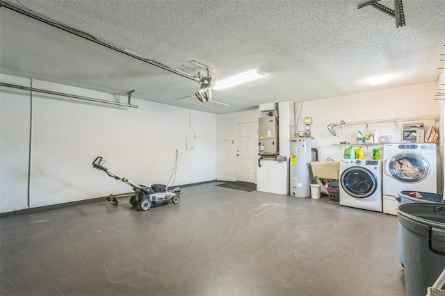 2204 78th St W, Bradenton, FL 34209 - garage with separate washer and dryer, water heater, heating unit, and a sink