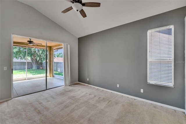 4418 River Overlook Dr, Valrico, FL 33596 - empty room featuring ceiling fan, carpet flooring, lofted ceiling, and baseboards