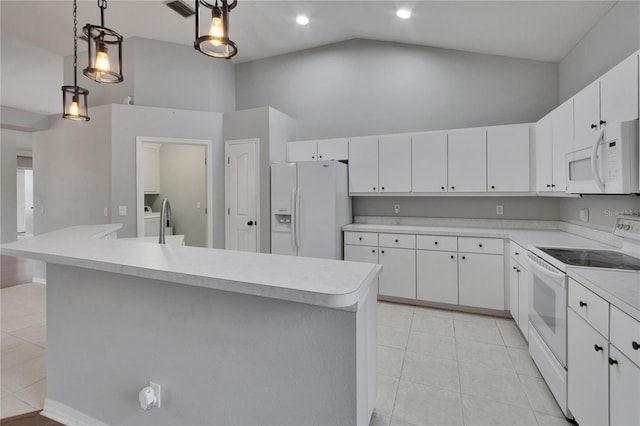 4418 River Overlook Dr, Valrico, FL 33596 - kitchen featuring white appliances, high vaulted ceiling, light tile patterned floors, light countertops, and white cabinetry