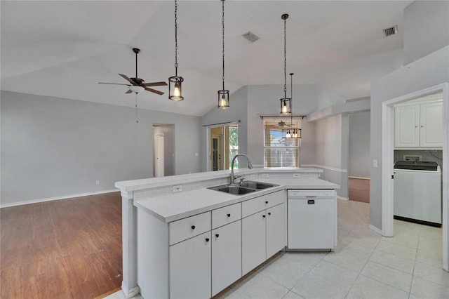 4418 River Overlook Dr, Valrico, FL 33596 - kitchen featuring washer / clothes dryer, dishwasher, a sink, lofted ceiling, and ceiling fan