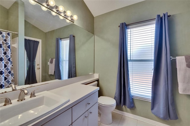 4418 River Overlook Dr, Valrico, FL 33596 - full bathroom featuring vanity, toilet, plenty of natural light, tile patterned floors, and lofted ceiling