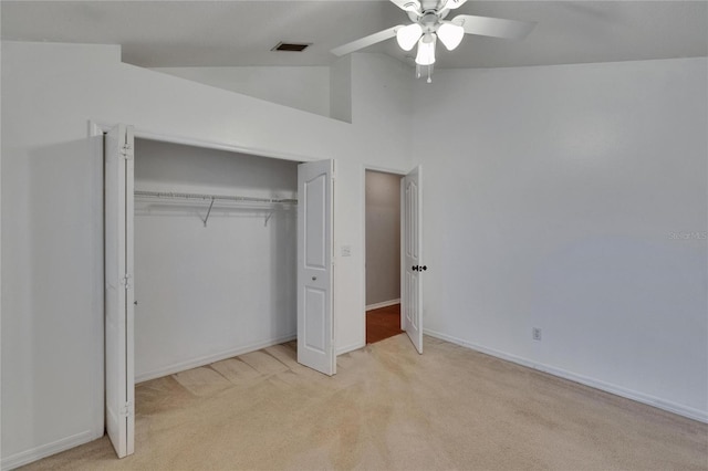 4418 River Overlook Dr, Valrico, FL 33596 - unfurnished bedroom with lofted ceiling, carpet, a closet, baseboards, and ceiling fan
