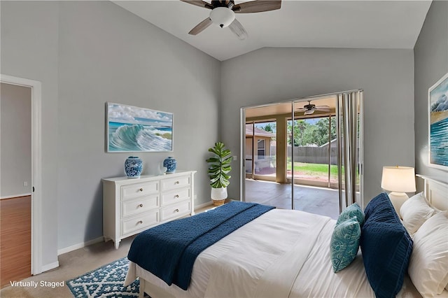 4418 River Overlook Dr, Valrico, FL 33596 - bedroom with access to exterior, light carpet, a ceiling fan, and high vaulted ceiling