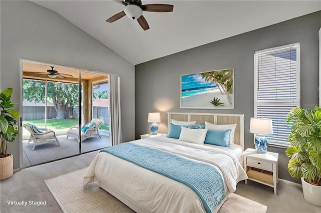4418 River Overlook Dr, Valrico, FL 33596 - carpeted bedroom featuring access to outside, a ceiling fan, and high vaulted ceiling