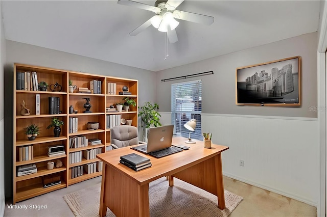 4418 River Overlook Dr, Valrico, FL 33596 - office featuring wainscoting, ceiling fan, and light carpet