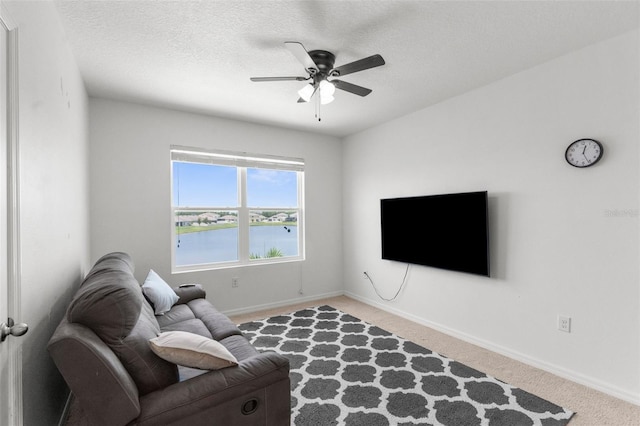 30936 Summer Sun Loop, Wesley Chapel, FL 33545 - carpeted living area with a ceiling fan, baseboards, and a textured ceiling