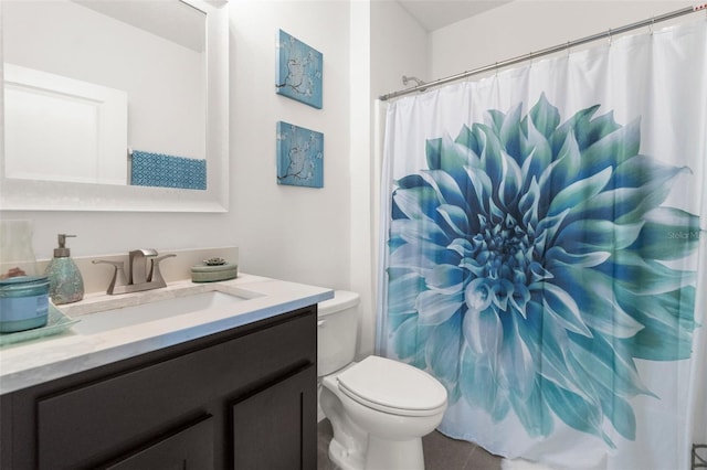 30936 Summer Sun Loop, Wesley Chapel, FL 33545 - bathroom with vanity, toilet, a shower with shower curtain, and tile patterned floors