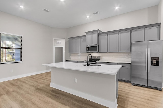 2402 Hiers Rd, Dover, FL 33527 - kitchen featuring stainless steel appliances, a sink, gray cabinets, backsplash, and a center island with sink