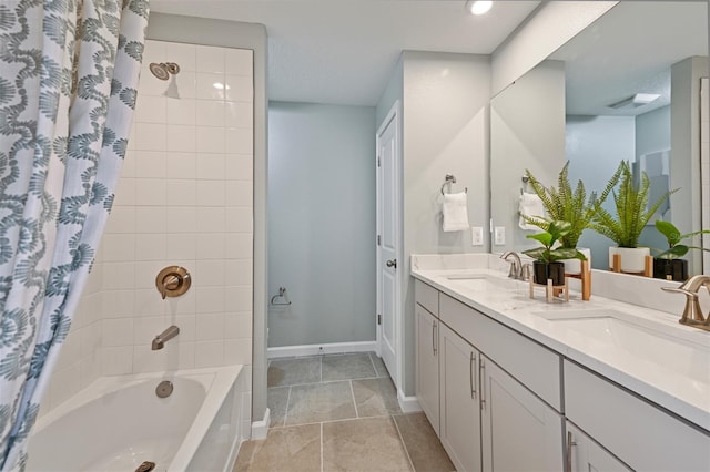 3424 Timber Crossing Ave, Brandon, FL 33511 - bathroom with shower / bathtub combination with curtain, double vanity, and baseboards