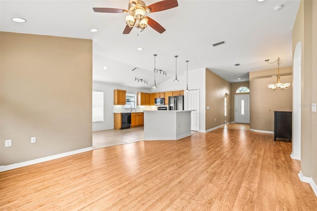 12746 Standbridge Dr, Riverview, FL 33579 - unfurnished living room with light wood finished floors, baseboards, ceiling fan, and recessed lighting