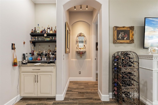 12672 Fontana Loop, Bradenton, FL 34211 - indoor bar with arched walkways, dark wood-style floors, and baseboards