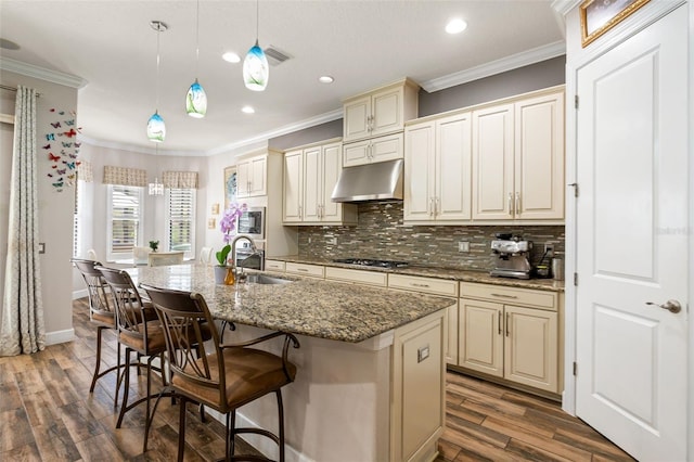 12672 Fontana Loop, Bradenton, FL 34211 - kitchen featuring under cabinet range hood, cream cabinetry, stainless steel appliances, a sink, and decorative backsplash