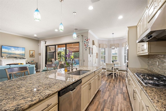 12672 Fontana Loop, Bradenton, FL 34211 - kitchen featuring appliances with stainless steel finishes, under cabinet range hood, a sink, cream cabinetry, and dark wood-style floors
