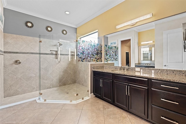 12672 Fontana Loop, Bradenton, FL 34211 - full bath with ornamental molding, tiled shower, vanity, and tile patterned floors