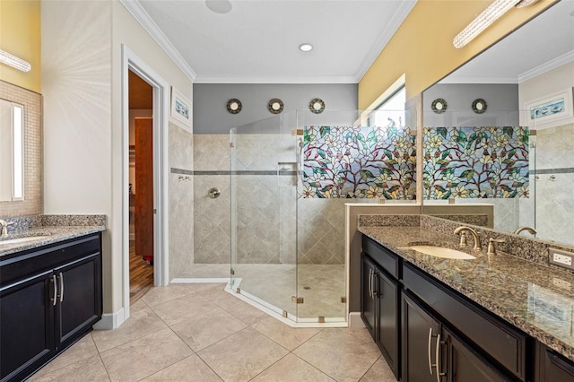12672 Fontana Loop, Bradenton, FL 34211 - bathroom with a shower stall, two vanities, ornamental molding, and tile patterned floors