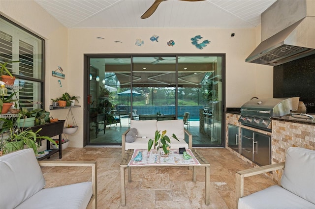 12672 Fontana Loop, Bradenton, FL 34211 - living room with a sunroom, stone tile floors, a ceiling fan, and lofted ceiling