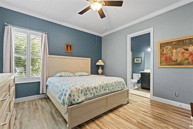 12672 Fontana Loop, Bradenton, FL 34211 - bedroom featuring baseboards, light wood-style flooring, ornamental molding, ensuite bathroom, and a ceiling fan