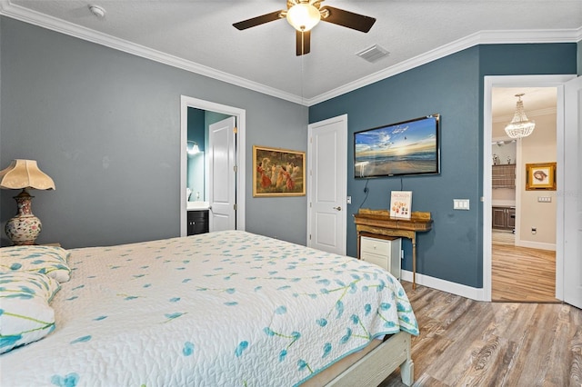 12672 Fontana Loop, Bradenton, FL 34211 - bedroom featuring wood finished floors, ornamental molding, baseboards, ceiling fan, and connected bathroom