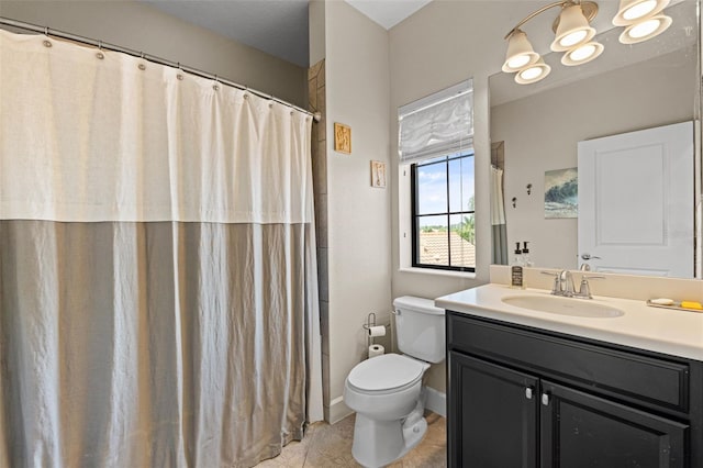 12672 Fontana Loop, Bradenton, FL 34211 - full bathroom featuring vanity, toilet, a chandelier, tile patterned flooring, and a shower with curtain