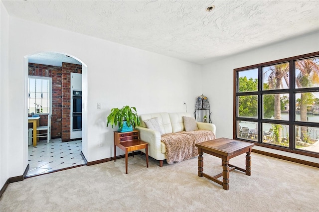 11285 8th St E, Treasure Island, FL 33706 - carpeted living room with arched walkways, baseboards, and a textured ceiling