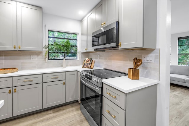300 33rd Ave N, Saint Petersburg, FL 33704 - kitchen with appliances with stainless steel finishes, gray cabinets, light wood-type flooring, and light countertops