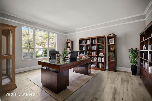 5160 Loquat Ct, Palm Harbor, FL 34685 - office area with baseboards, light wood-style flooring, and ornamental molding