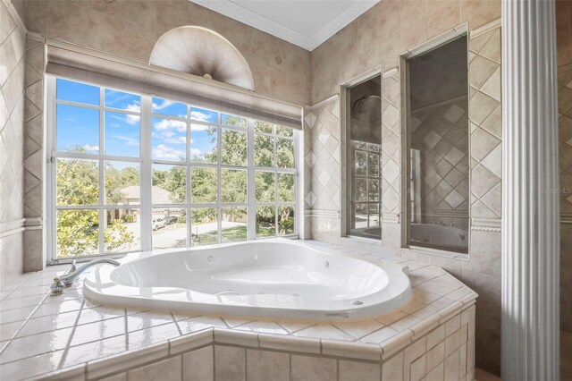 5160 Loquat Ct, Palm Harbor, FL 34685 - full bathroom featuring a tub with jets, healthy amount of natural light, and ornamental molding