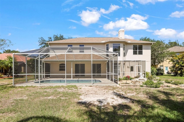 5160 Loquat Ct, Palm Harbor, FL 34685 - rear view of property featuring stucco siding, a lawn, an outdoor pool, a chimney, and a lanai