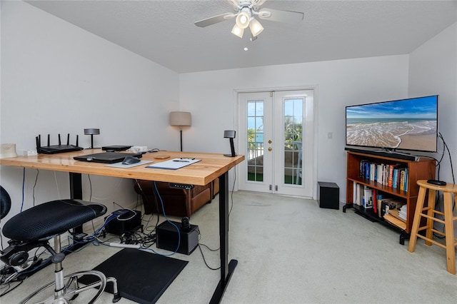405 8th Ave N, Tierra Verde, FL 33715 - home office featuring french doors, carpet flooring, ceiling fan, and a textured ceiling