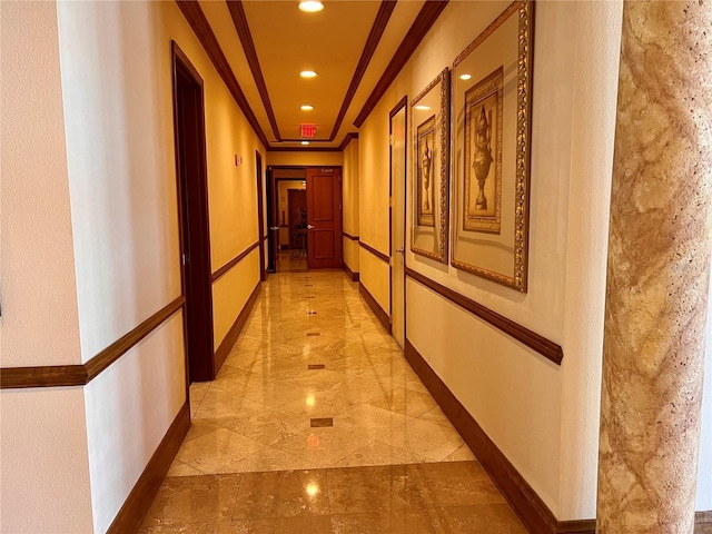 1180 Gulf Blvd Unit 306, Clearwater, FL 33767 - hall featuring crown molding, recessed lighting, baseboards, and light marble finish floors