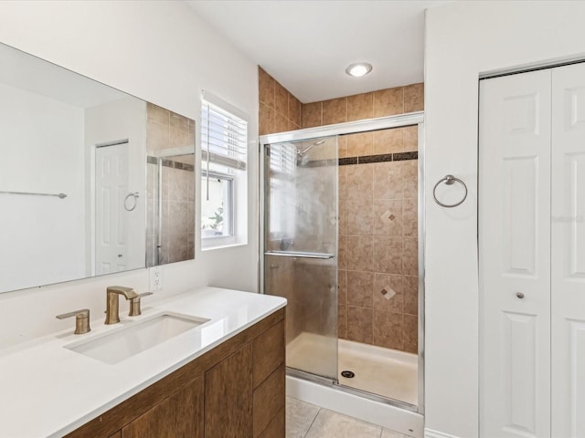 2016 Cove Dr, Largo, FL 33774 - full bath with a stall shower, vanity, tile patterned floors, and a closet