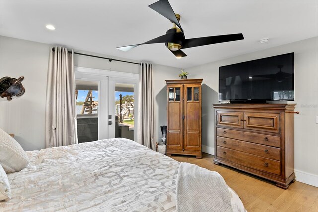 4649 Neptune Dr SE, Saint Petersburg, FL 33705 - bedroom with access to exterior, light wood-style flooring, baseboards, recessed lighting, and ceiling fan