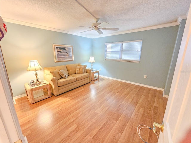 6060 Shore Dr S Unit 906, Gulfport, FL 33707 - living room featuring crown molding, light wood-style flooring, ceiling fan, a textured ceiling, and baseboards