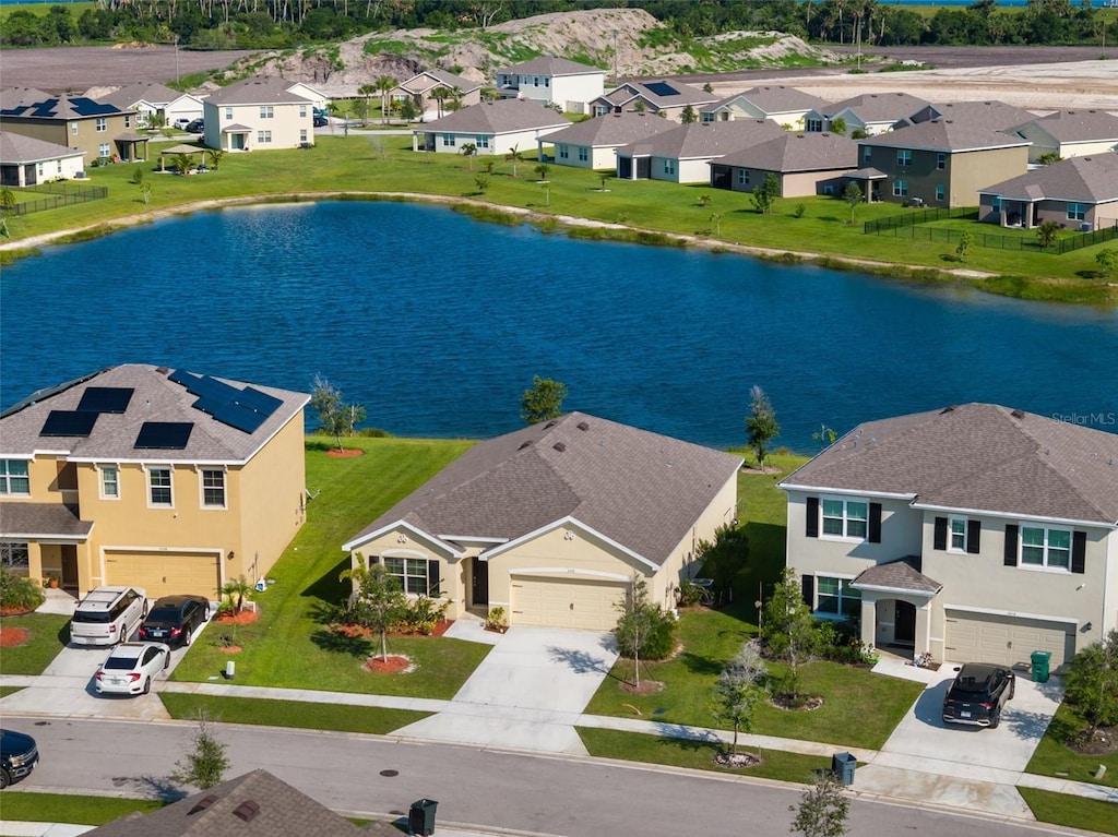 aerial view of residential area with a large body of water