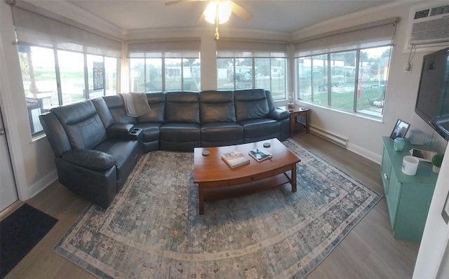 10142 118th Ave, Largo, FL 33773 - sunroom / solarium featuring a baseboard heating unit, ornamental molding, baseboards, wood finished floors, and a wall unit AC
