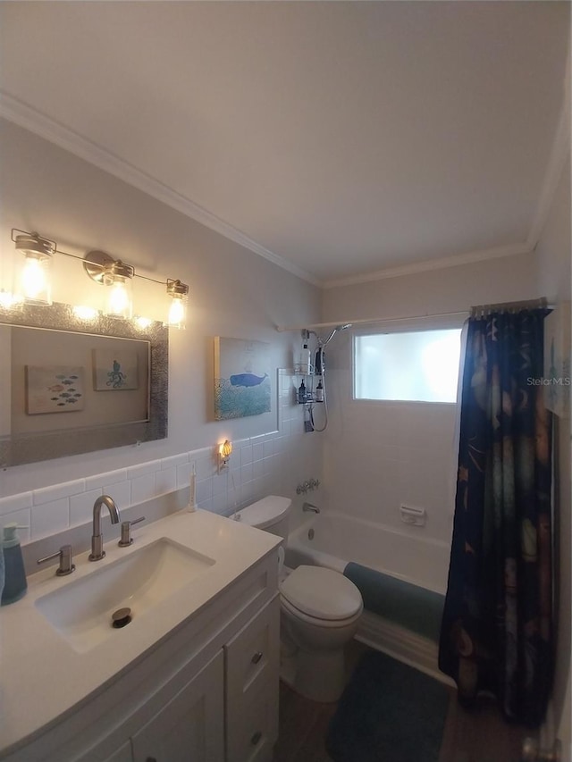 10142 118th Ave, Largo, FL 33773 - bathroom with tile walls, vanity, shower / bath combination with curtain, toilet, and ornamental molding