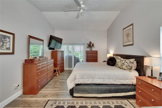 905 Balsamina Dr, Brandon, FL 33510 - bedroom with lofted ceiling, light wood-style floors, baseboards, a ceiling fan, and a textured ceiling