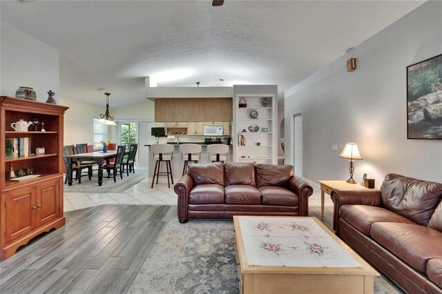 905 Balsamina Dr, Brandon, FL 33510 - living area featuring lofted ceiling, light wood-style flooring, and a textured ceiling