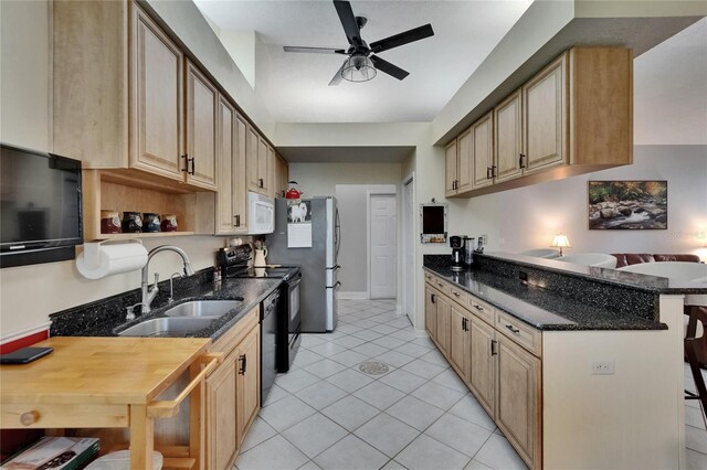 905 Balsamina Dr, Brandon, FL 33510 - kitchen with a sink, a breakfast bar, ceiling fan, black appliances, and a peninsula