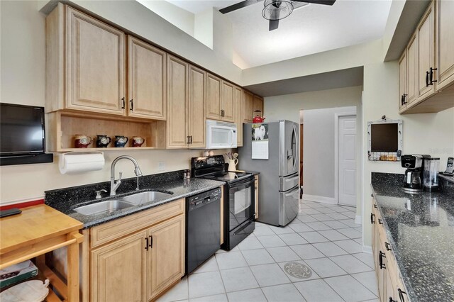 905 Balsamina Dr, Brandon, FL 33510 - kitchen featuring black appliances, a sink, ceiling fan, light tile patterned flooring, and open shelves