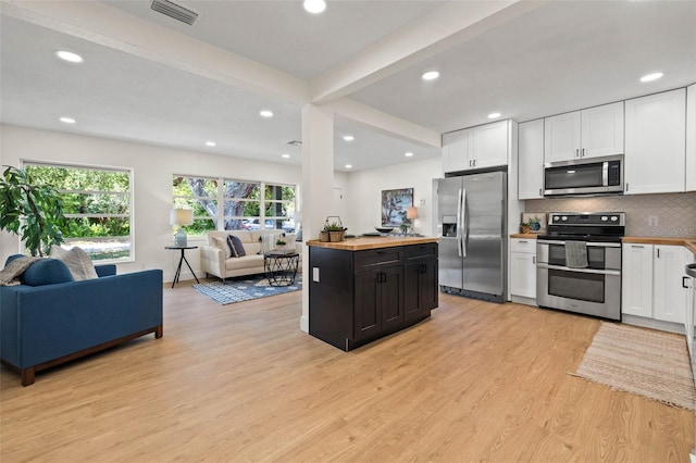 3300 52nd St N, Saint Petersburg, FL 33710 - kitchen with stainless steel appliances, butcher block counters, open floor plan, light wood-style flooring, and beam ceiling