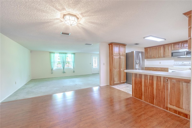 12220 Twin Branch Acres Rd, Tampa, FL 33626 - kitchen with appliances with stainless steel finishes, open floor plan, light wood-style floors, a textured ceiling, and light countertops